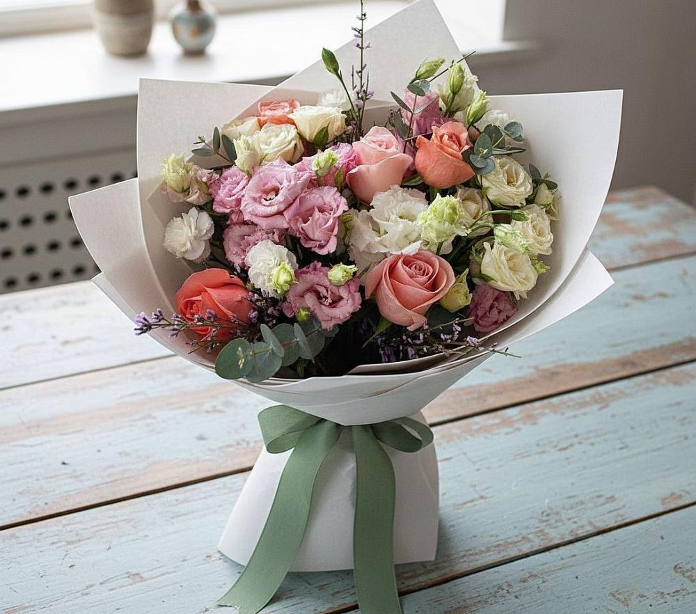 Букет цветов из: Розы, Лизиантусы и Гвоздики в Ливнах