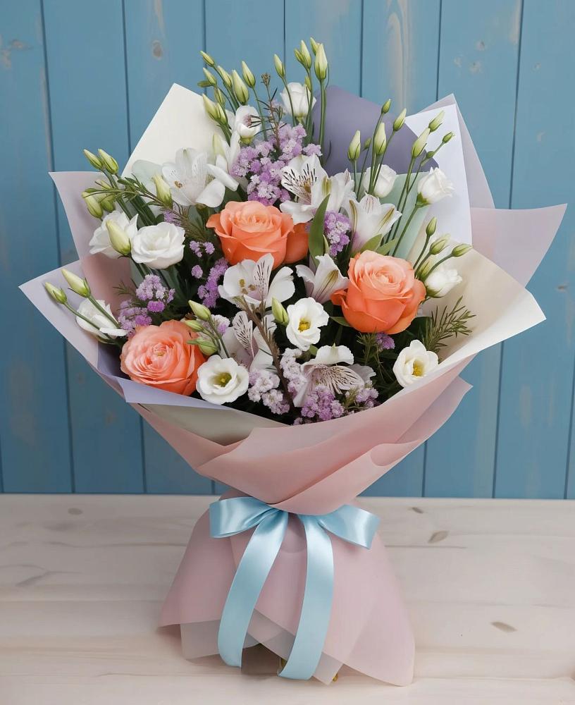 Букет цветов из: Лизиантусы, Розы, Альстромерии и Гипсофила в Ливнах