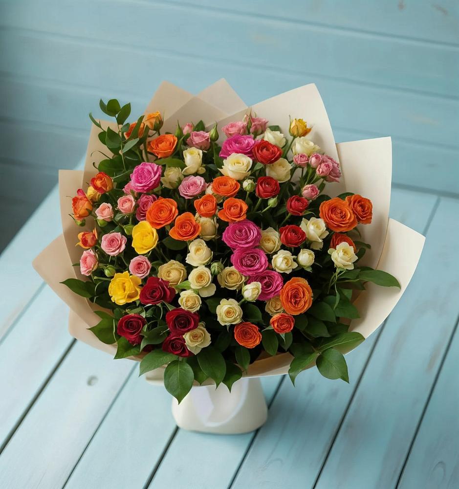 Букет Микс из разноцветных кустовых роз в Ливнах