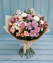 Букет цветов из:  Хризантемы, Розы и Альстромерии #REPLACE_PRED# Ливнах